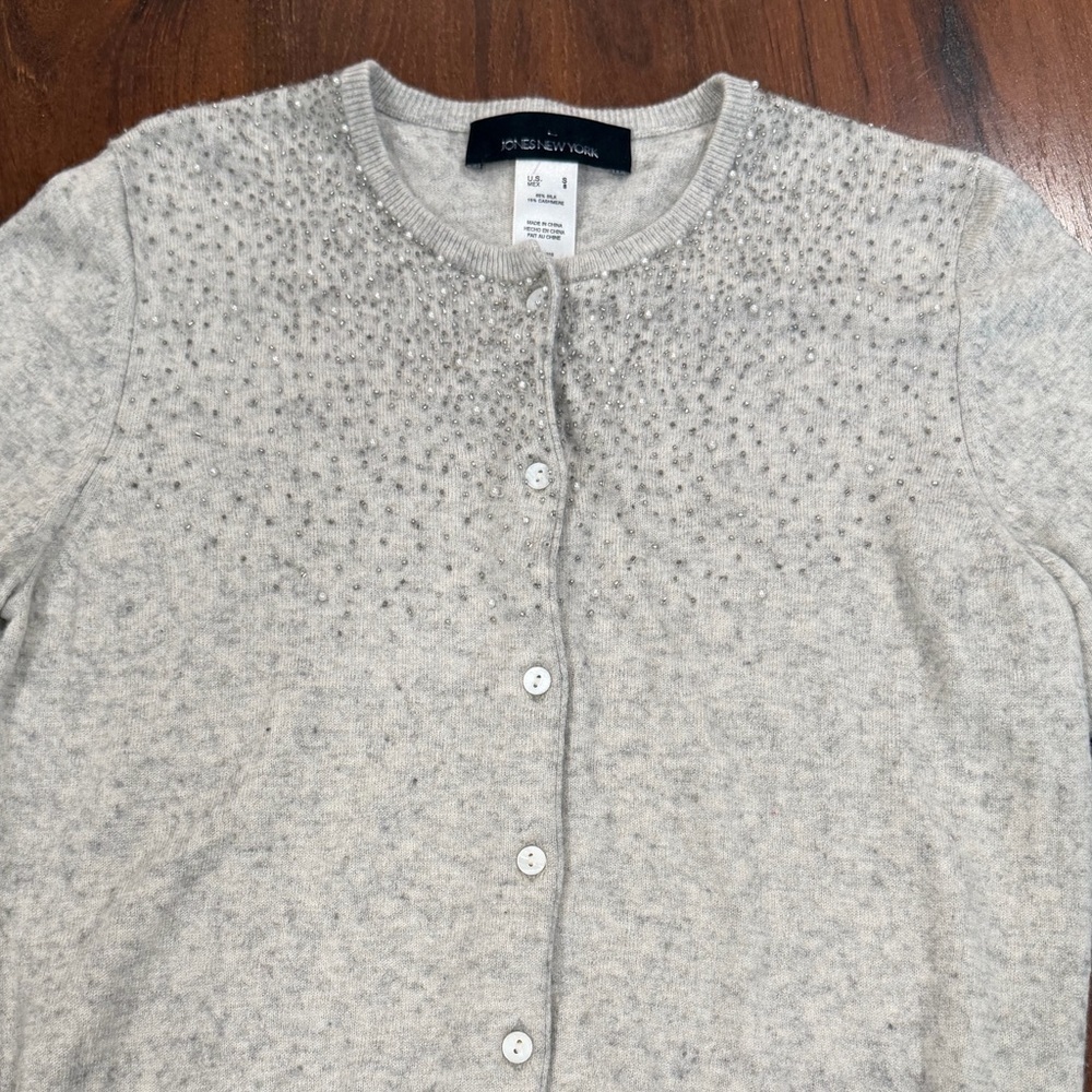 Jones New York women's embellished Silk Cashmere cardigan Sz S gray color